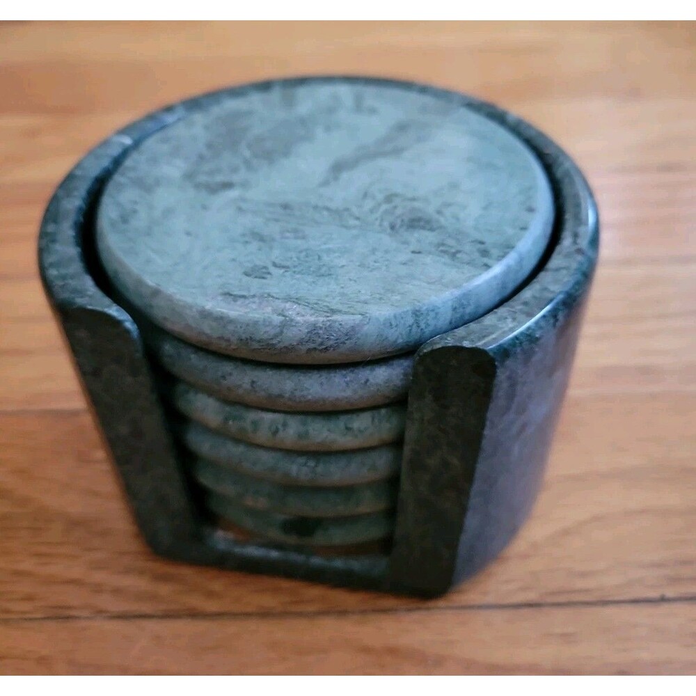 Vtg  Studio Nova Pier 1 Green Jade Marble Coasters & Holder Set of 6 3.2 Pounds